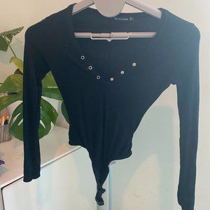 Ribbed Black Long Sleeve Bodysuit with Pop Buttons